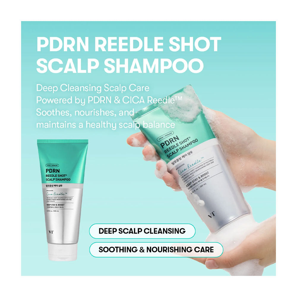 PDRN Reedle Shot Scalp Shampoo shown with a teal and silver tube, a hand holding a foamy tube, and marketing text on a light aqua background.