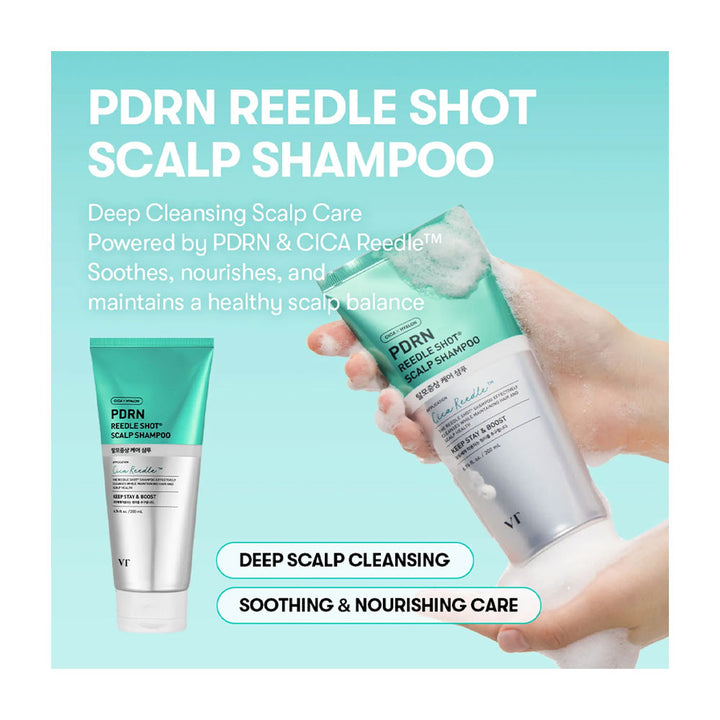 PDRN Reedle Shot Scalp Shampoo shown with a teal and silver tube, a hand holding a foamy tube, and marketing text on a light aqua background.