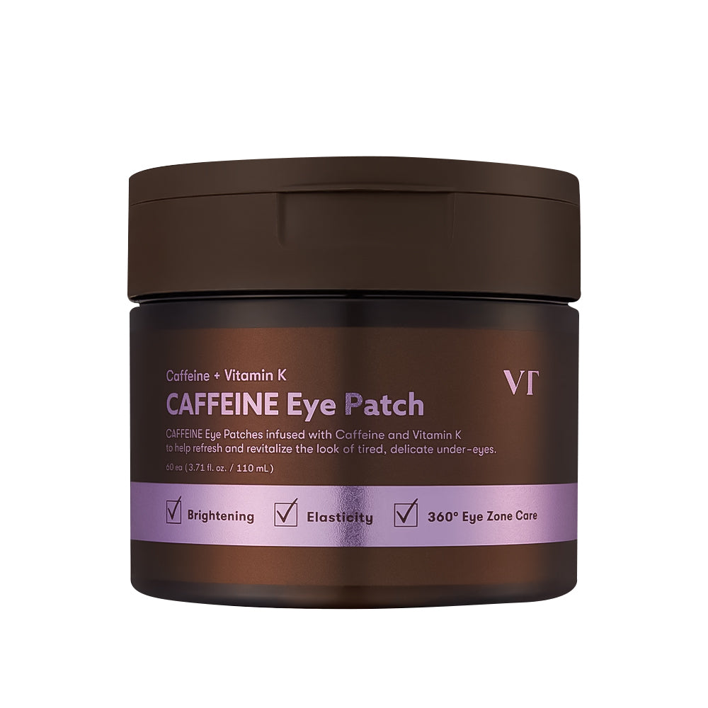 A dark brown jar of VT Caffeine Eye Patch with a matching brown lid, featuring a purple label with white text, on a solid white background.