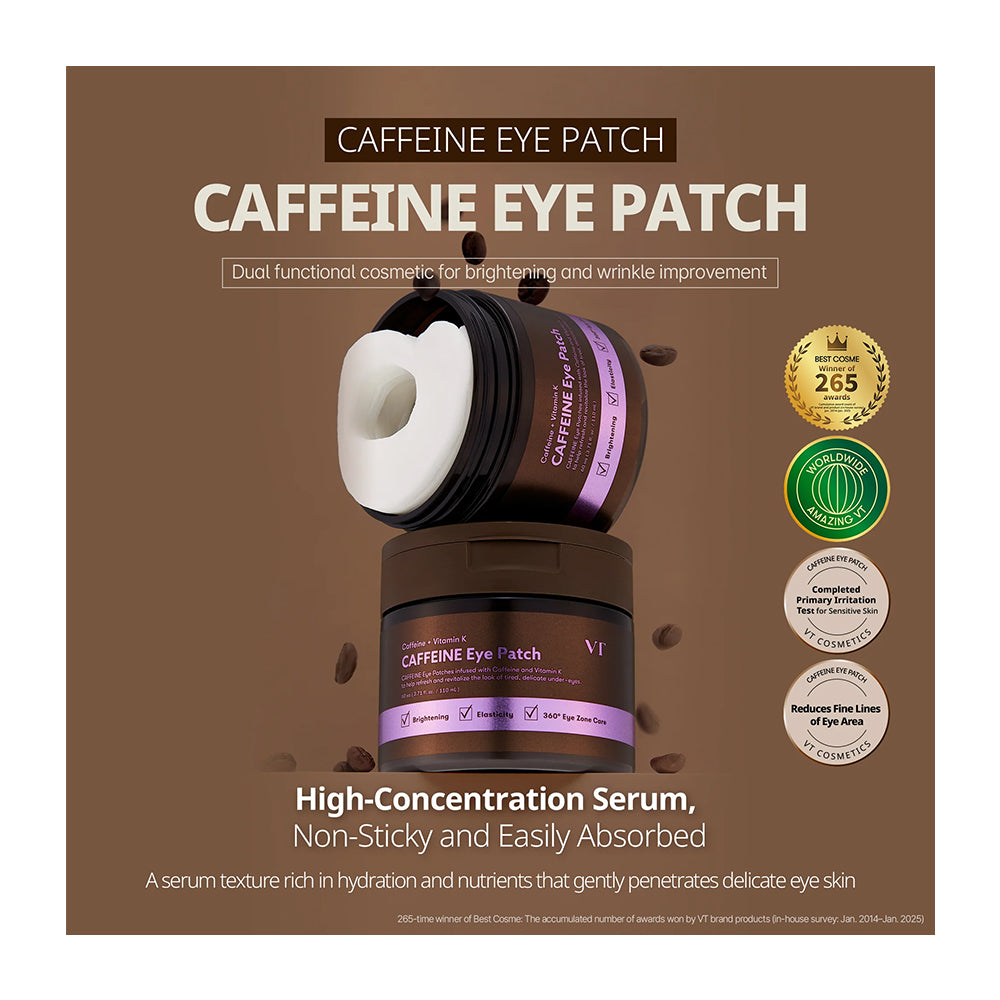 Caffeine Eye Patch VI serum eye patch jar and lid on a brown background with product text and certification seals.