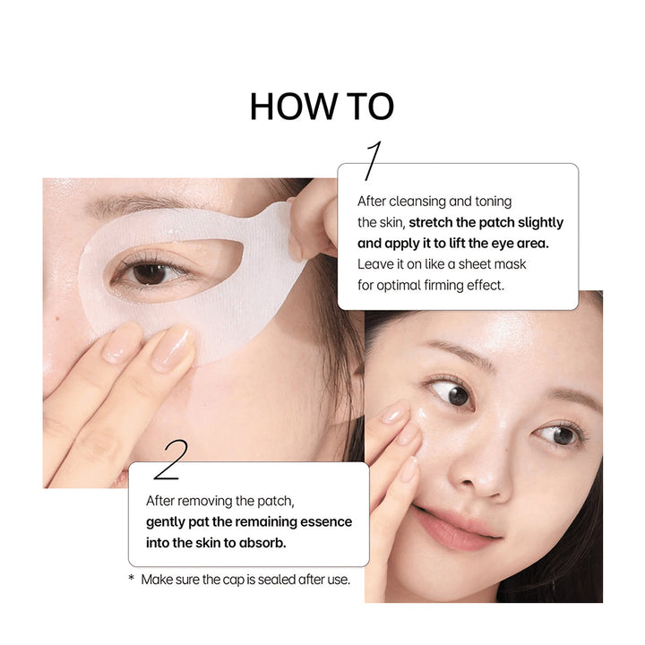 Instructional graphic showing how to apply and remove an eye-lifting patch mask. The left panel shows a close-up of a person applying the semi-translucent patch around the eye area, with text explaining cleansing, stretching, and leaving the patch on.