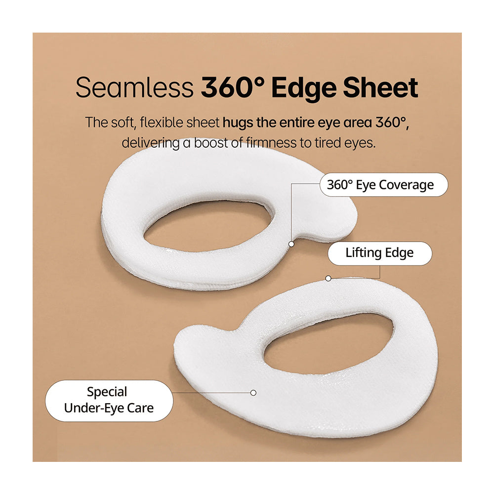 Two white eye-area sheet pads on a tan background with text reading &