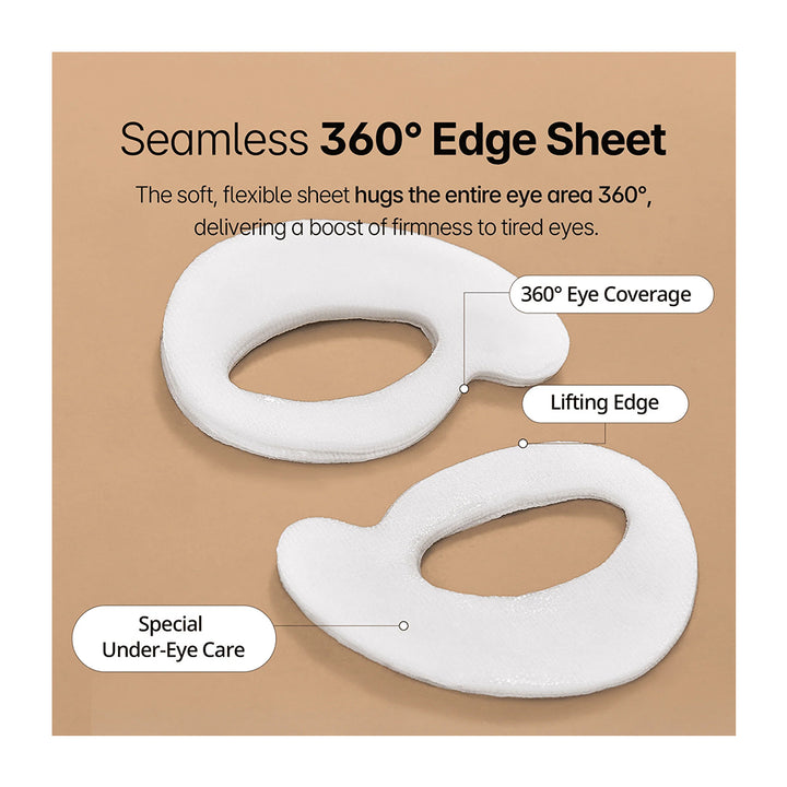 Two white eye-area sheet pads on a tan background with text reading &