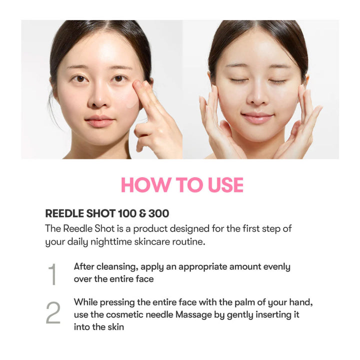 Instructional graphic for using Reedle Shot 100 &amp; 300, showing a before-and-after face treatment demonstration with text instructions below on how to apply the cosmetic needle massage after cleansing.