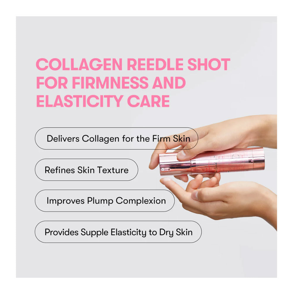A cosmetic tube held between two hands on a light gray background with pink promotional text reading &