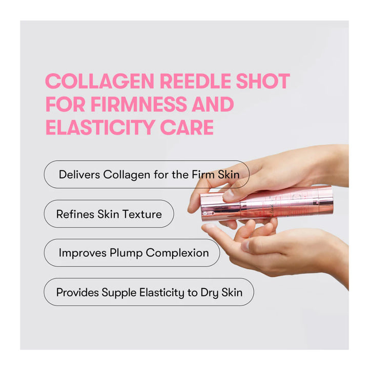 A cosmetic tube held between two hands on a light gray background with pink promotional text reading &