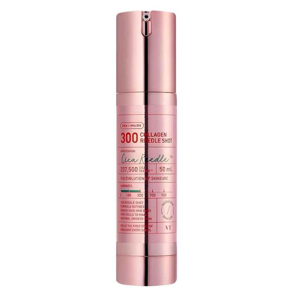A single bottle of Cica Reedle Collagen Needle Shot by Cica Reedle, featuring a metallic rose gold cylindrical design with a white and red label, set against a plain white background.