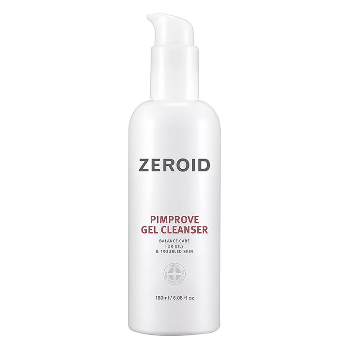 A white bottle of Zeroid Pimprove Gel Cleanser with a pump dispenser, shown on a plain white background.
