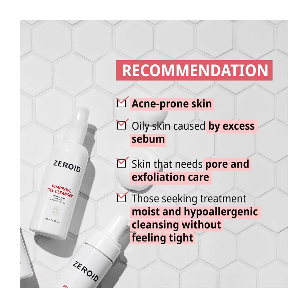 Three white skincare bottles from the brand ZEROID are arranged on a light gray hexagonal tile background with promotional text reading &