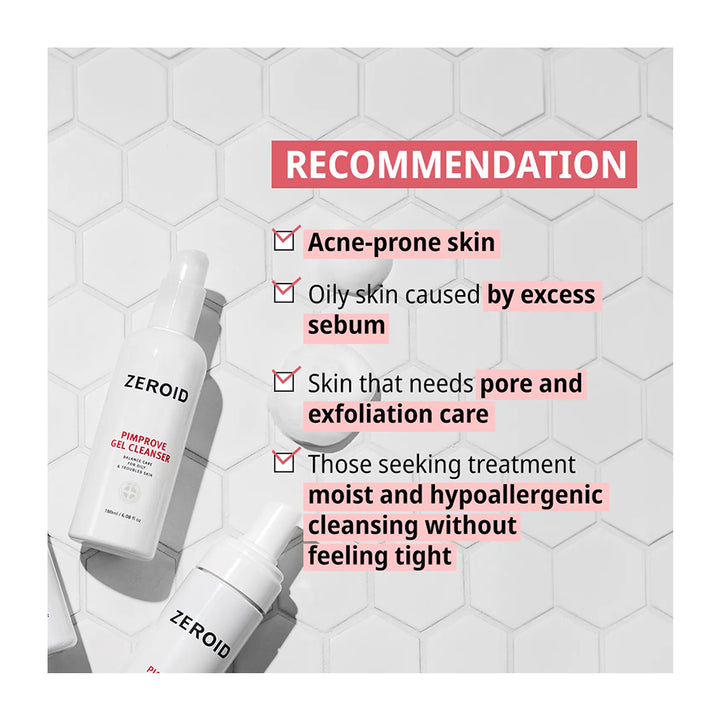 Three white skincare bottles from the brand ZEROID are arranged on a light gray hexagonal tile background with promotional text reading &