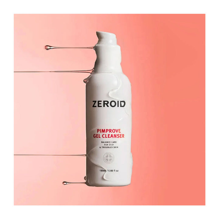 A white pump bottle of ZEROID Pimprove Gel Cleanser centered on a soft coral-pink background, with thin metallic wire-like elements extending from both sides.