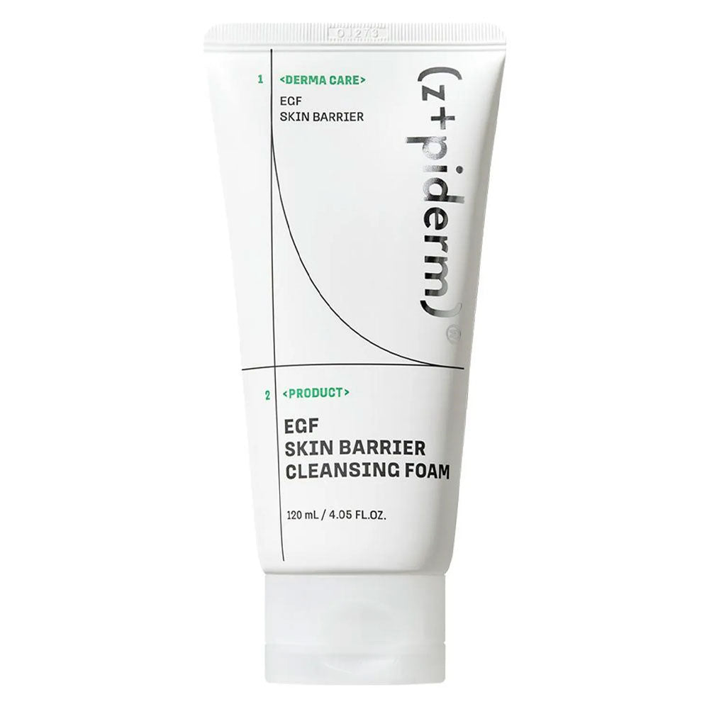A white squeeze tube of (z+)derm EGF Skin Barrier Cleansing Foam with black and green text, shown on a plain white background.