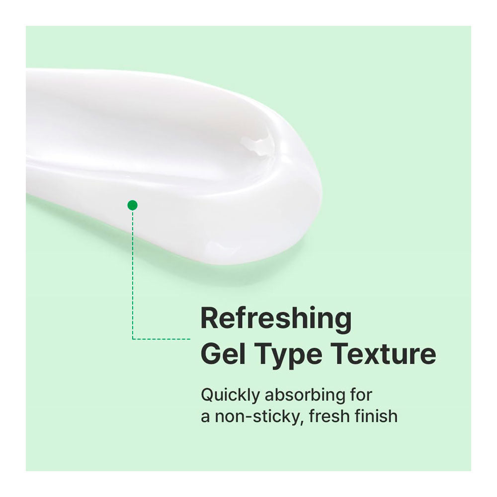 A close-up of a white cosmetic gel spoon on a pale mint green background with text reading &