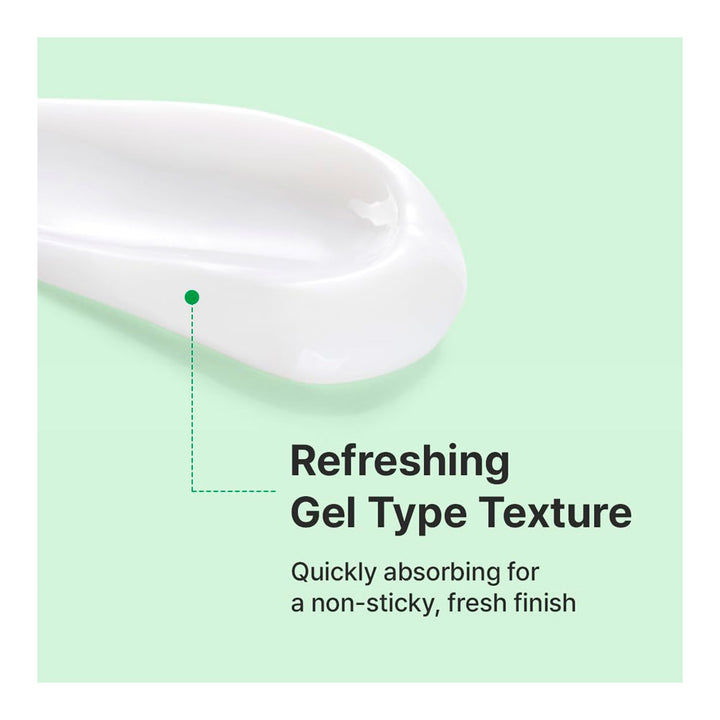 A close-up of a white cosmetic gel spoon on a pale mint green background with text reading &