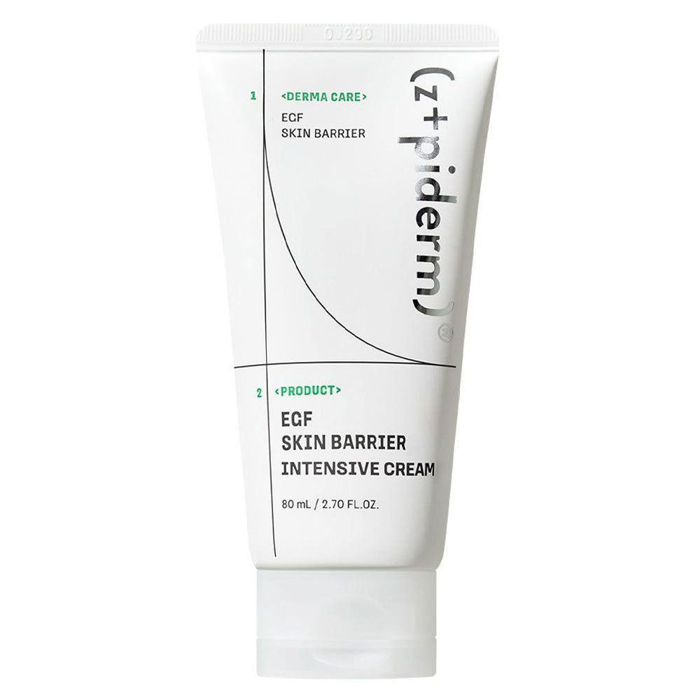 A white squeeze tube of z+piderm EGF Skin Barrier Intensive Cream, 80 mL, on a clean white background.