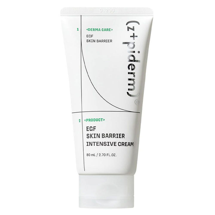 A white squeeze tube of z+piderm EGF Skin Barrier Intensive Cream, 80 mL, on a clean white background.