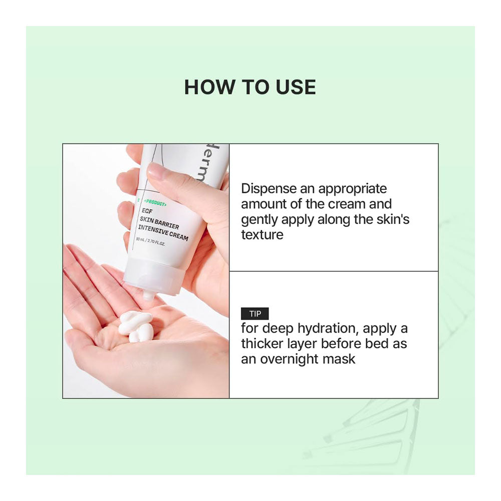 Instruction graphic titled 'HOW TO USE' showing a hand holding an open tube of cream over another hand with cream dispensed. Text reads: 'Dispense an appropriate amount of the cream and gently apply along the skin's texture' and 'for deep hydration, apply a thicker layer before bed as an overnight mask.