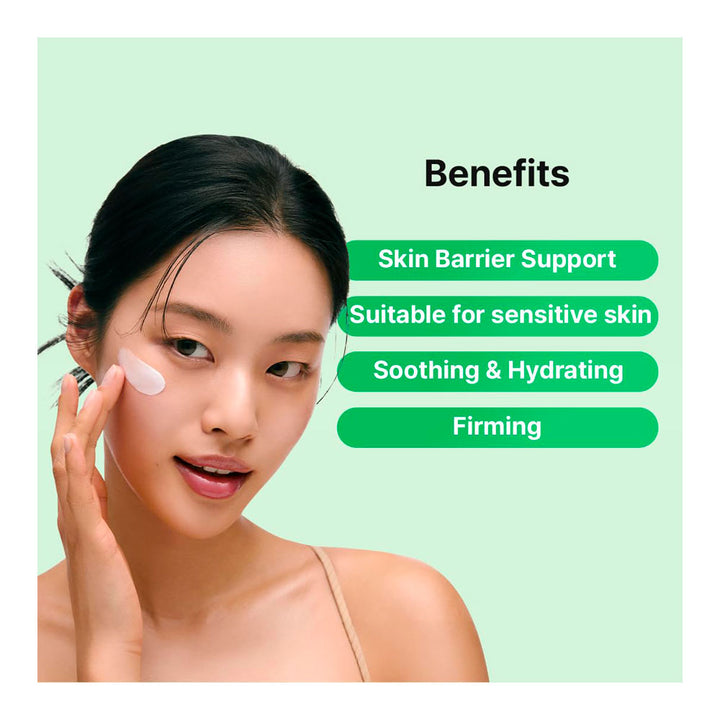 A woman with dark hair applies a white cream to her cheek against a pale mint green background. To the right, green rounded text bubbles list benefits: Skin Barrier Support, Suitable for sensitive skin, Soothing &amp; Hydrating, and Firming.