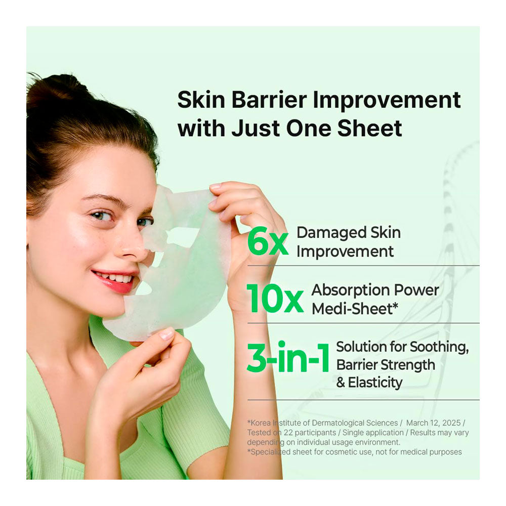 A woman on the left holds a translucent sheet mask near her face against a pale mint green background with promotional text about skin barrier improvement and product benefits.
