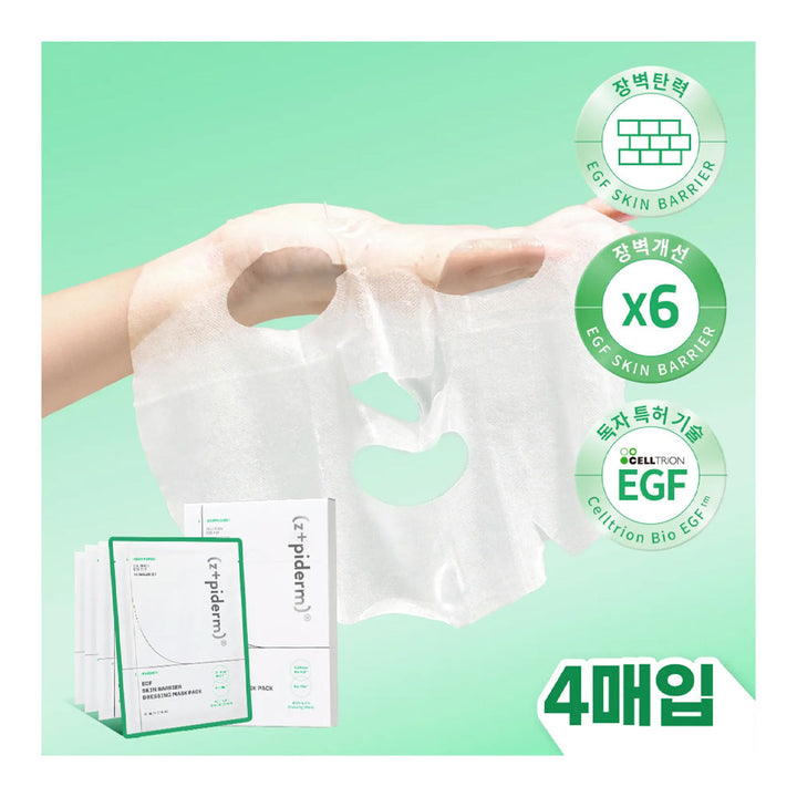 A hand stretching a translucent white EGF skin barrier sheet mask, shown alongside its white and green packaging box. The background is a solid mint green, with three circular green and white feature badges on the right highlighting EGF skin barrier, x6 count, and 4-pack quantity.