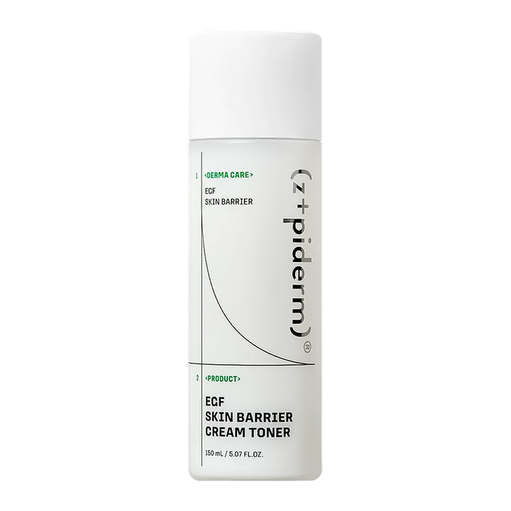 A white cylindrical bottle of (z)-piderm EGF Skin Barrier Cream Toner with green and black text on a clean white background.