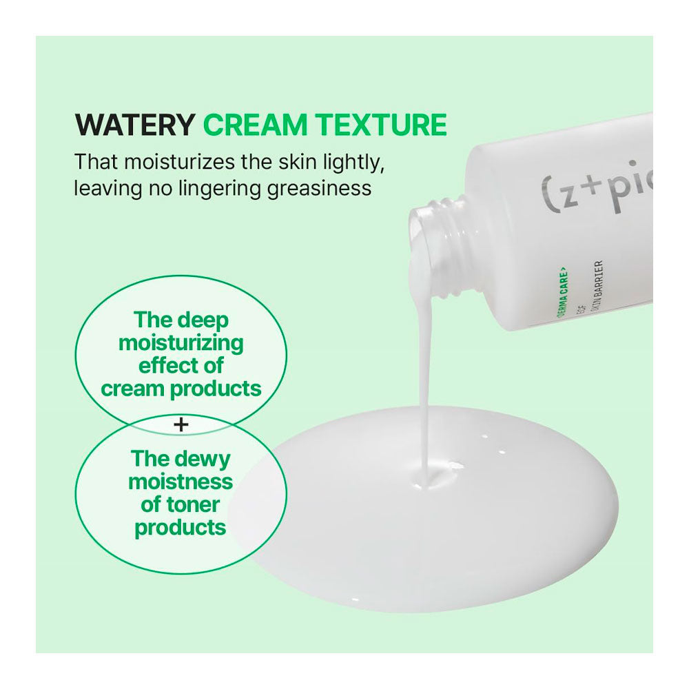 A white cosmetic bottle pours a thick, watery cream onto a pale mint-green background. Text highlights the product's light moisturizing texture, and two green circles describe the deep moisturizing effect and dewy moisture.