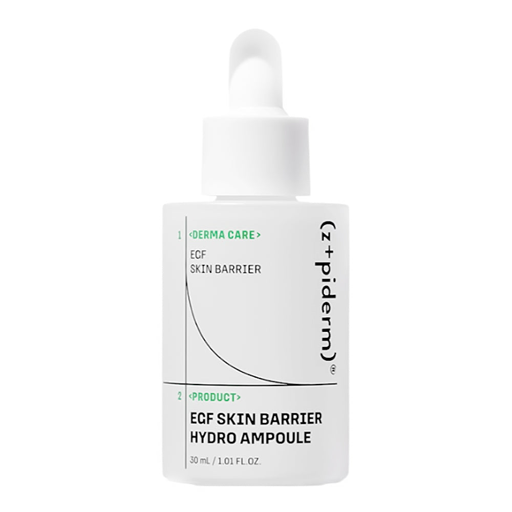 A 30 mL white dropper bottle of (z+)piderm EGF Skin Barrier Hydro Ampoule on a solid white background.