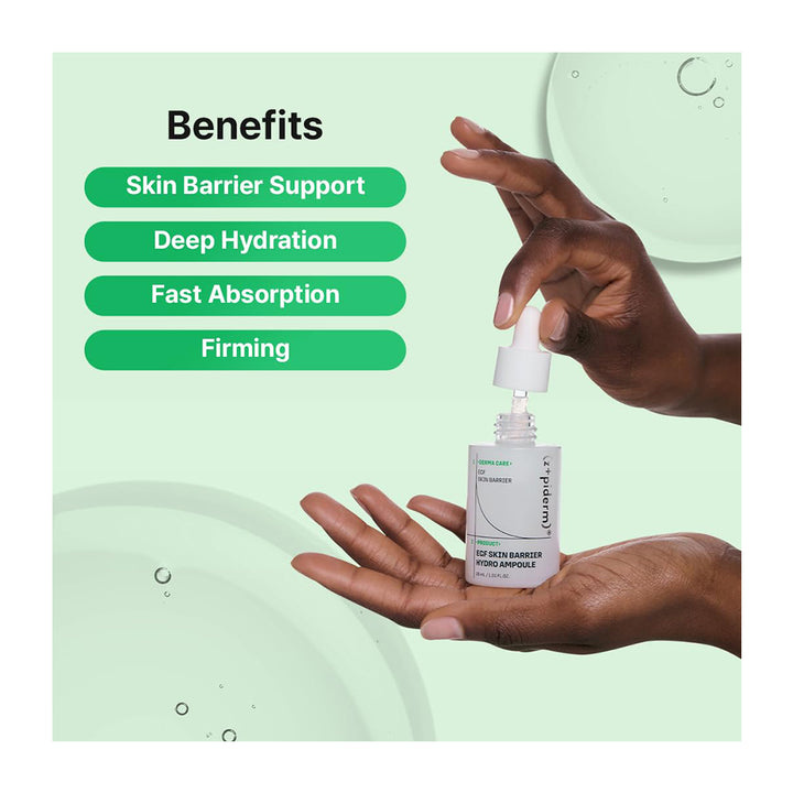 A skincare dropper bottle labeled Zipiderm being dispensed into two hands, with green benefit text on a pale mint background.