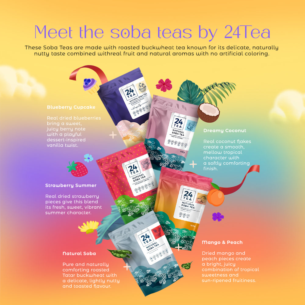A promotional graphic showing six pouches of soba tea from 24Tea arranged on a pastel rainbow gradient background with clouds. The pouches are labeled Blueberry Cupcake, Dreamy Coconut, Strawberry Summer, Natural Soba, and Mango &amp; Peach, with descriptive text beside each package.