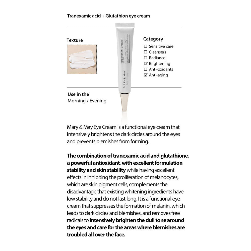 MARY & MAY Tranexamic Acid + Glutathione Eye Cream - K-Beauty Malta Peaches&Crme K-Beauty and Skincare MARY & MAY Tranexamic Acid + Glutathione Eye Cream - K-Beauty Malta Peaches&Crme K-Beauty and Skincare