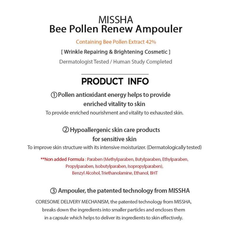MISSHA Bee Pollen Renew Ampouler - Peaches&Creme Shop Korean Skincare Malta