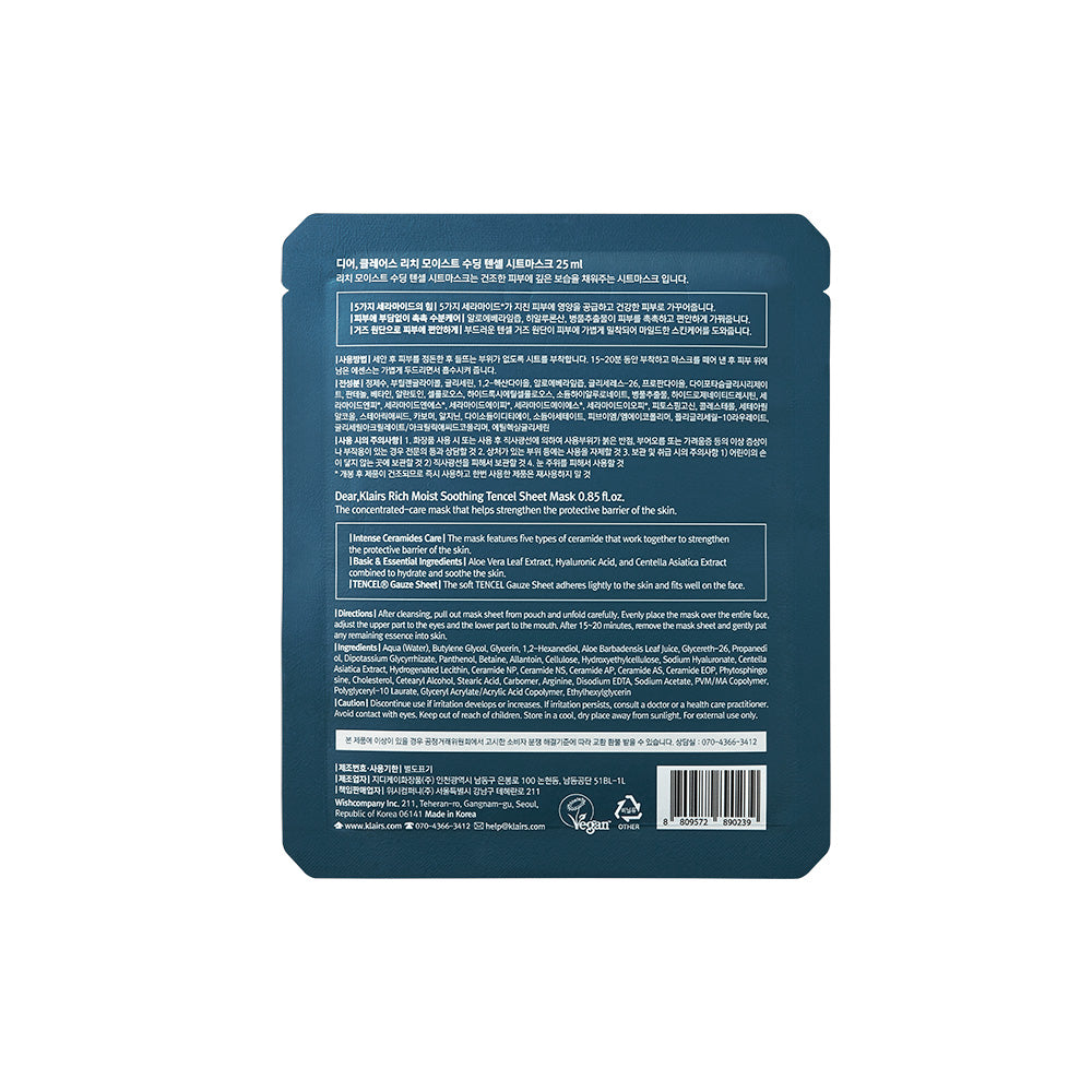 Klairs Rich Moist Soothing Tencel Sheet Mask - Peaches&Creme Shop Korean Skincare Malta